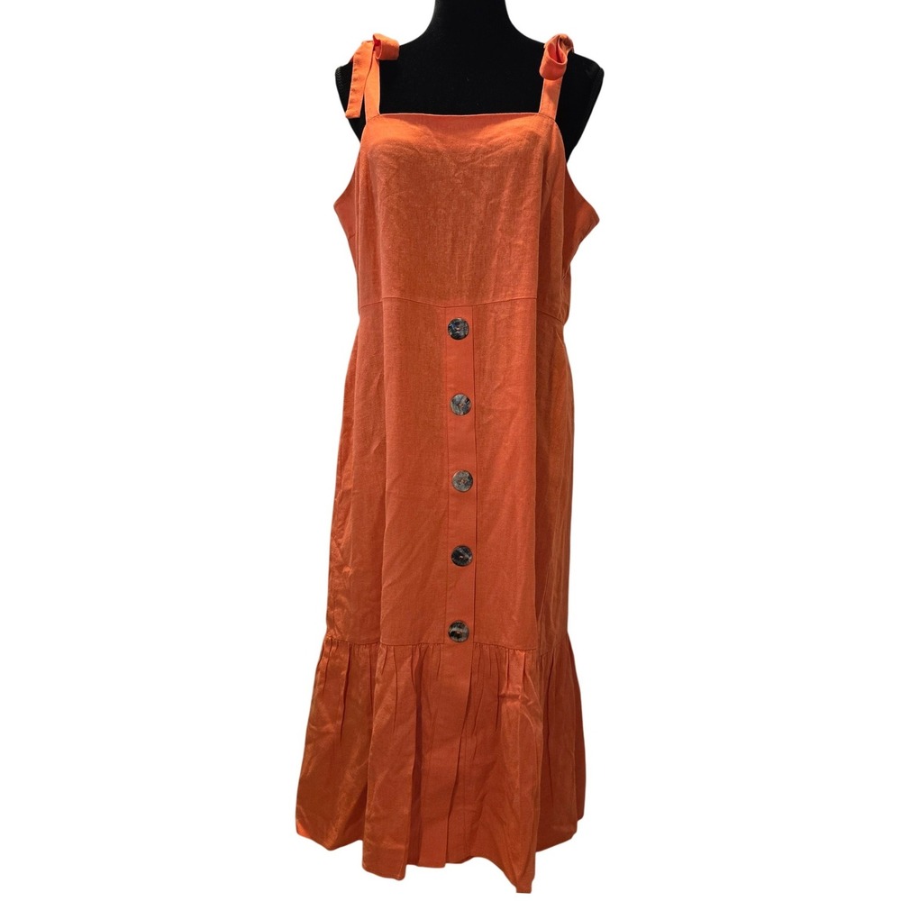 Womens XL‎ Orange Linen Midi Sundress Strappy Tropical Resortwear Beachy Brunch